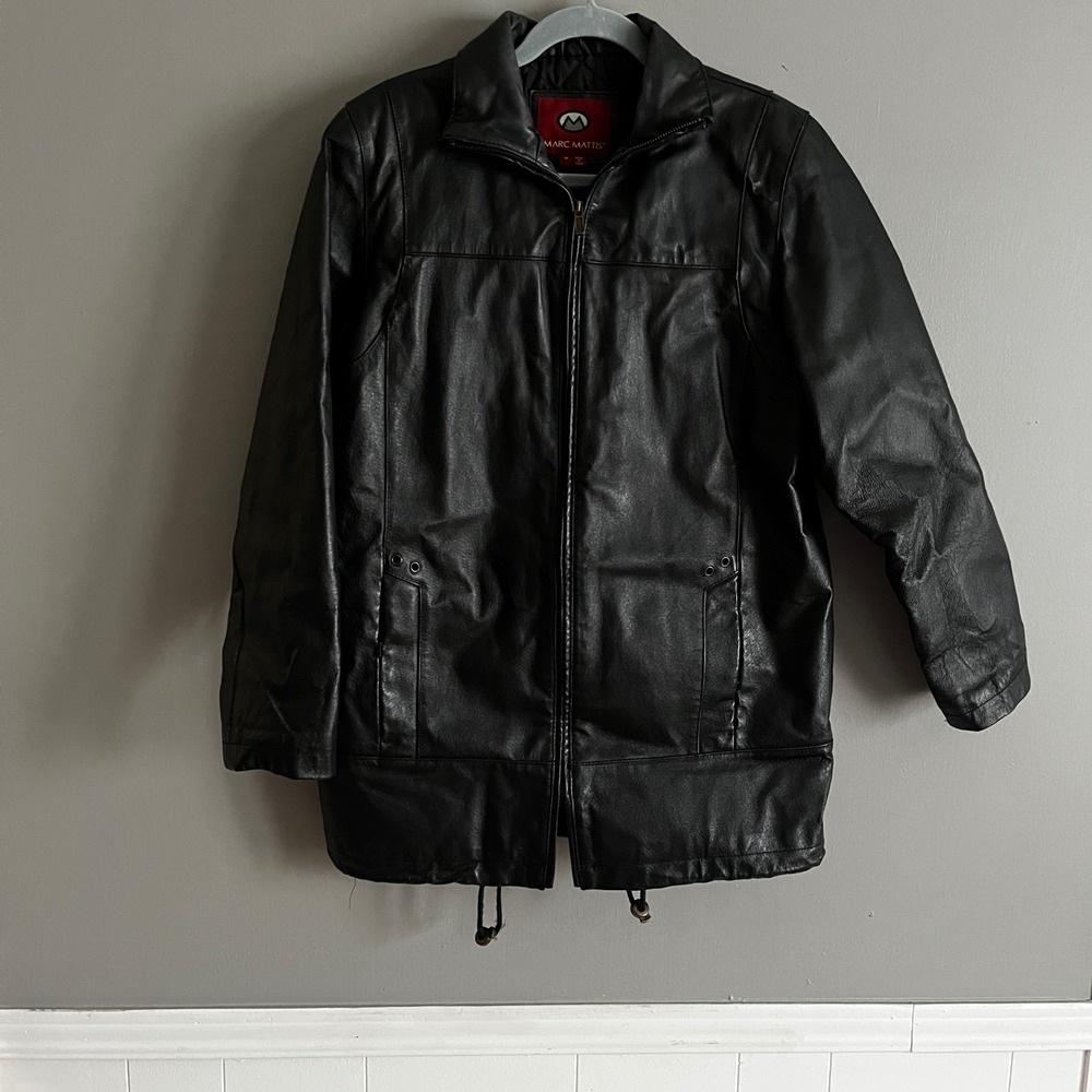 Marc Mattie Moto Mens Black Leather Full Zip‎ Jacket Medium Quilted Lined